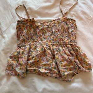 American Eagle Outfitters Cream and Brown Smocked Peplum Camisole